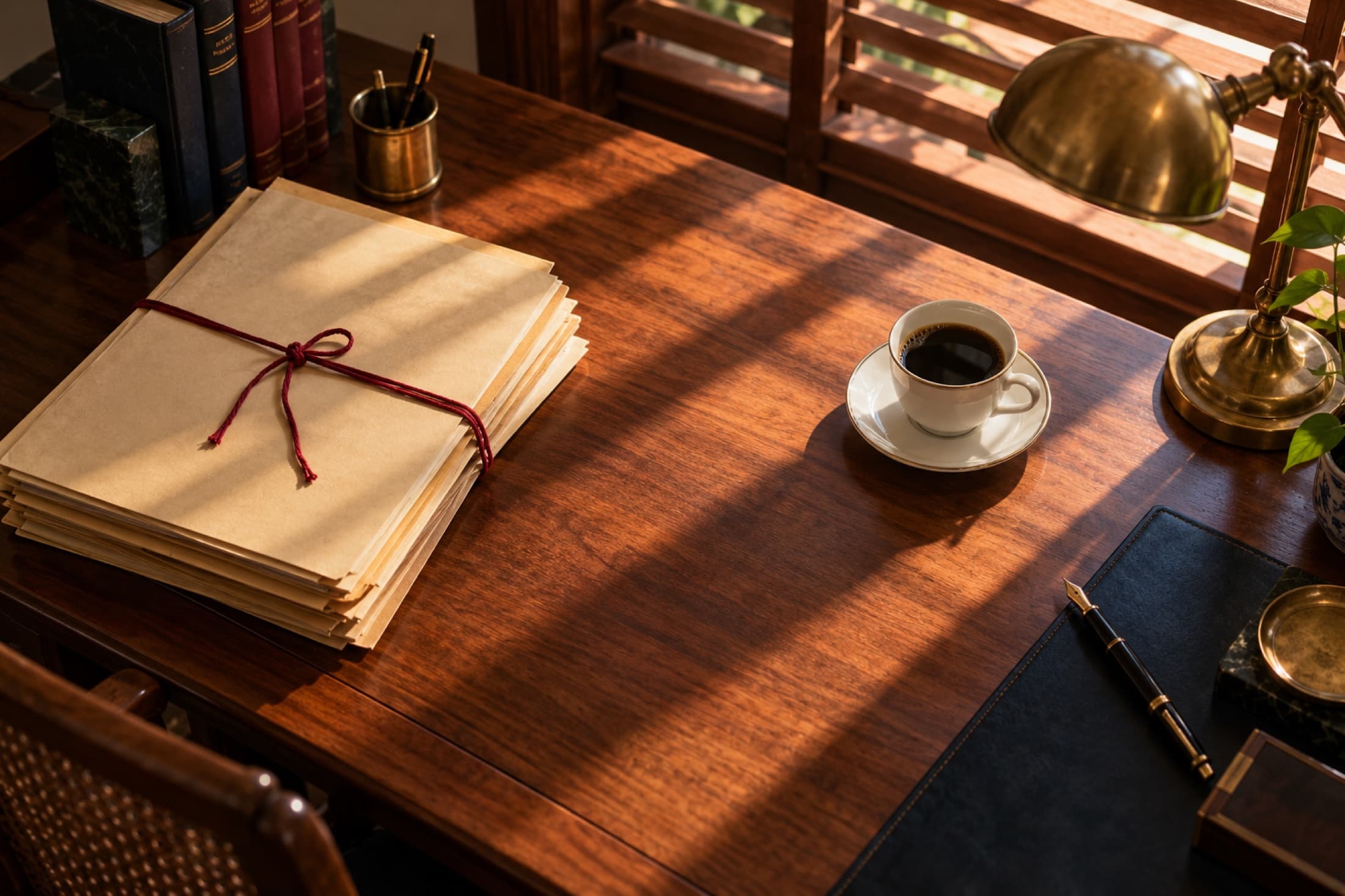 A lawyer’s desk at first light: case folders tied with red cord, a fountain pen, coffee.